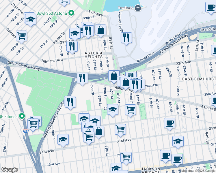 map of restaurants, bars, coffee shops, grocery stores, and more near 2350 79th Street in Queens