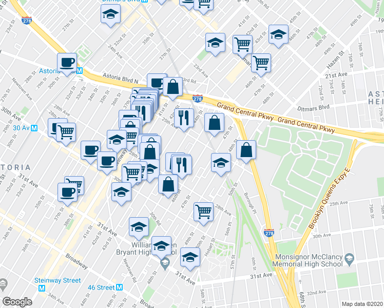 map of restaurants, bars, coffee shops, grocery stores, and more near 25-19 45th Street in Queens
