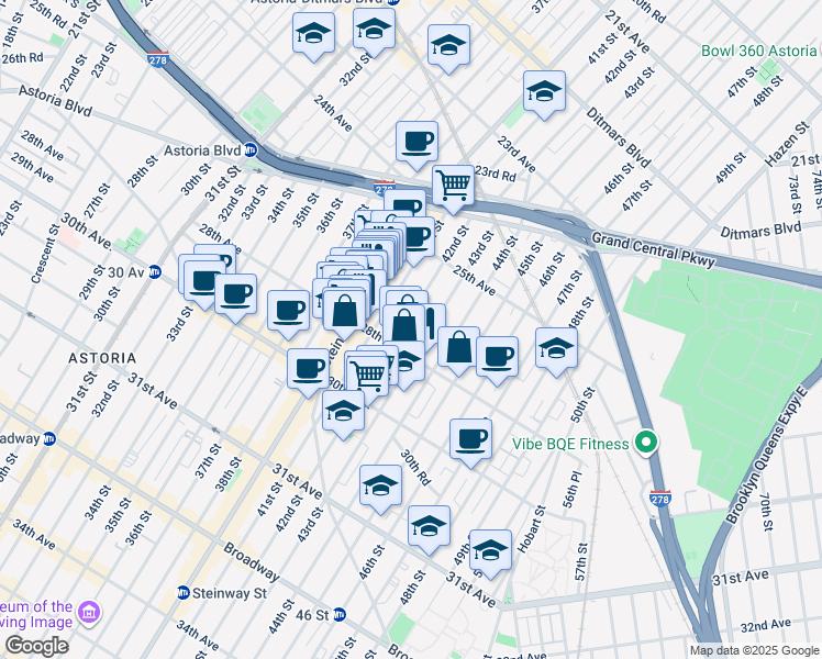 map of restaurants, bars, coffee shops, grocery stores, and more near 25-63 42nd Street in Queens