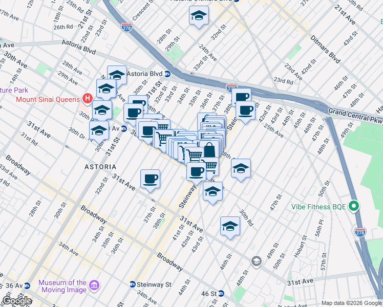map of restaurants, bars, coffee shops, grocery stores, and more near 28-21 37th Street in Queens