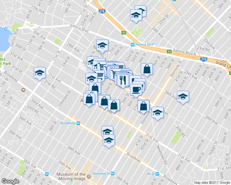 map of restaurants, bars, coffee shops, grocery stores, and more near 30-14 33rd Street in Queens