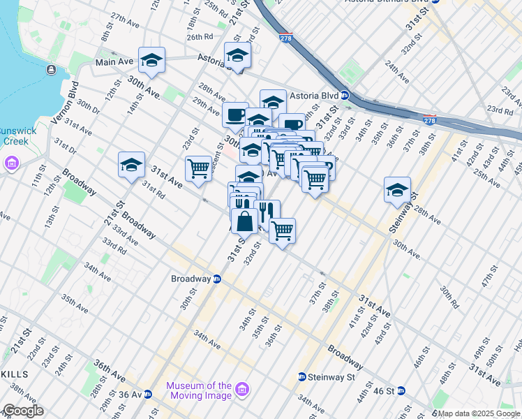 map of restaurants, bars, coffee shops, grocery stores, and more near 30-11 30th Drive in Queens