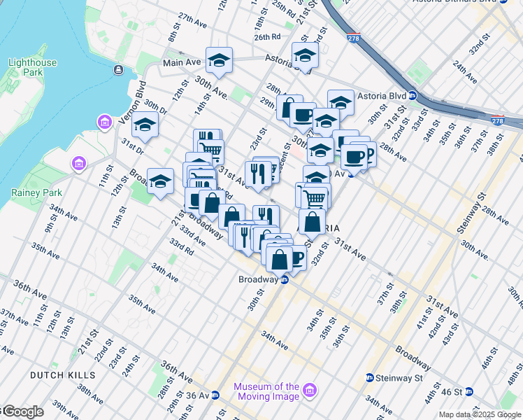 map of restaurants, bars, coffee shops, grocery stores, and more near 23-41 31st Road in Queens