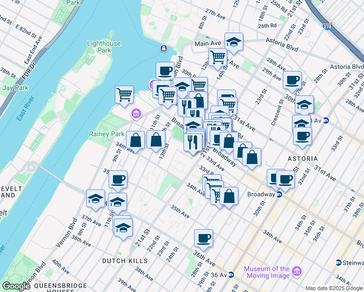 map of restaurants, bars, coffee shops, grocery stores, and more near 14-12 33rd Avenue in Queens