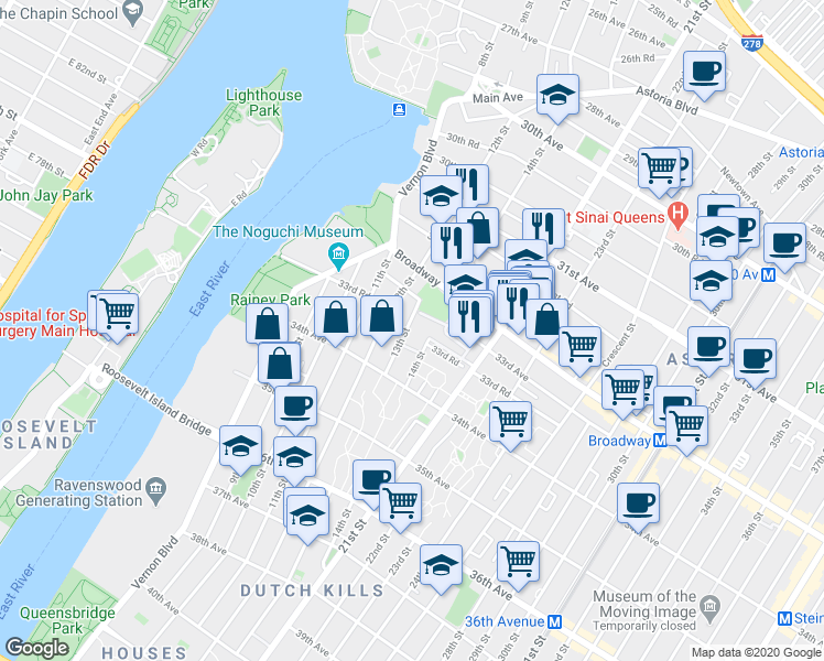 map of restaurants, bars, coffee shops, grocery stores, and more near 13-04 33rd Avenue in Queens