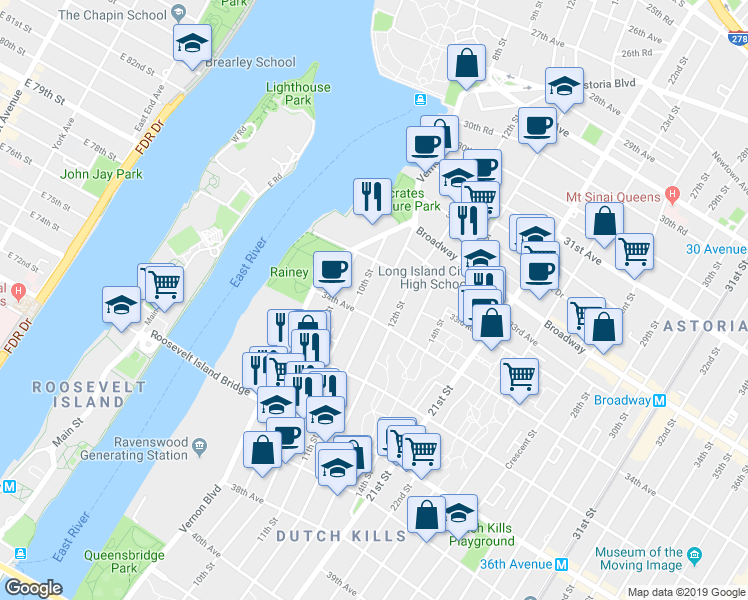 map of restaurants, bars, coffee shops, grocery stores, and more near 33-71 10th Street in Queens