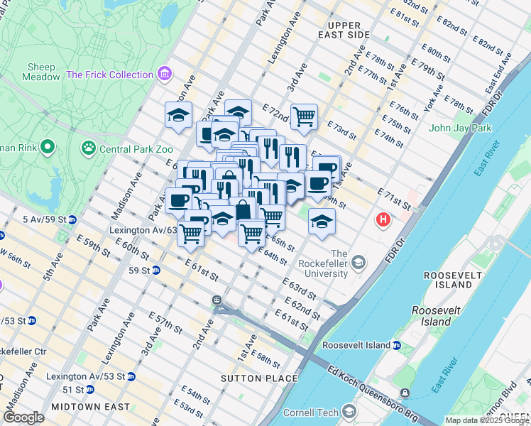 map of restaurants, bars, coffee shops, grocery stores, and more near 221 East 66th Street in New York