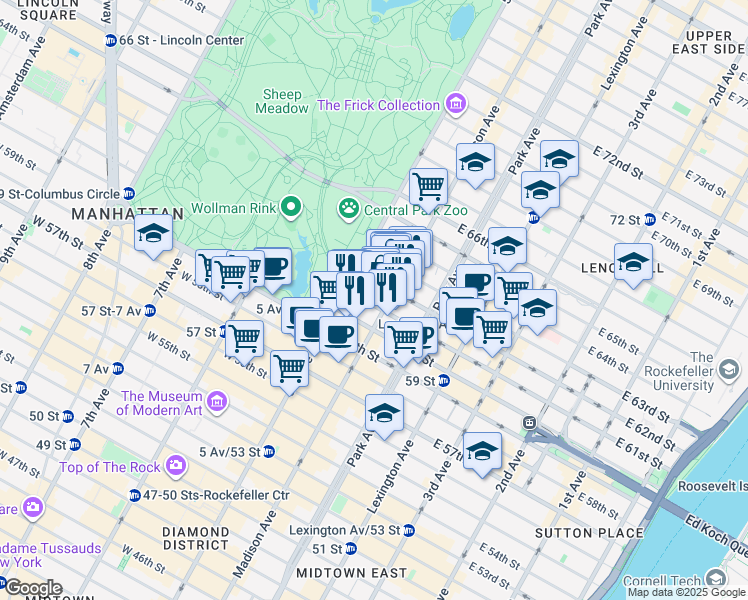 map of restaurants, bars, coffee shops, grocery stores, and more near 10 East 62nd Street in New York