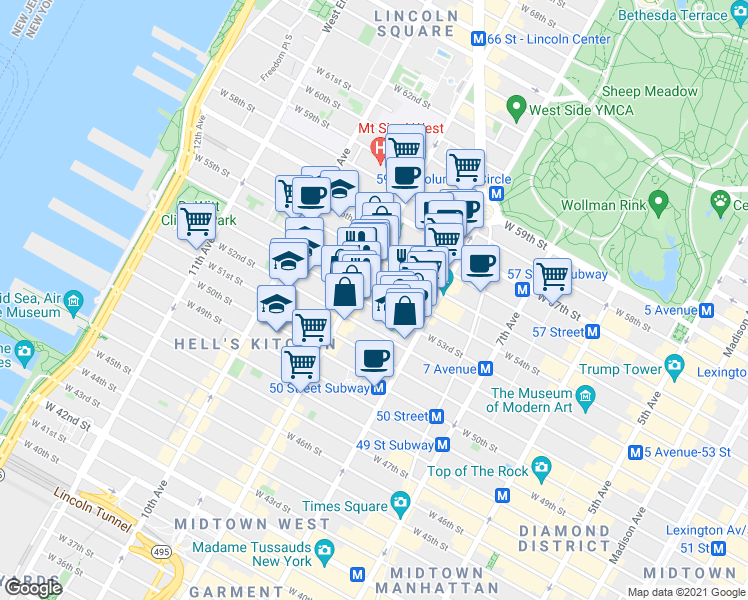 map of restaurants, bars, coffee shops, grocery stores, and more near 345 West 53rd Street in New York