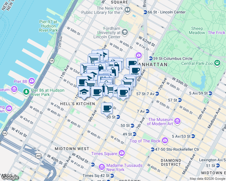 map of restaurants, bars, coffee shops, grocery stores, and more near 790 9th Avenue in New York