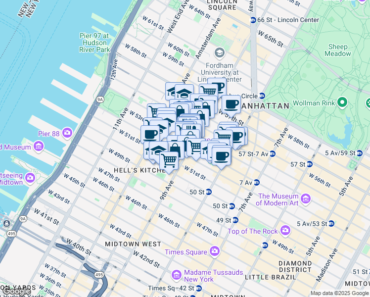 map of restaurants, bars, coffee shops, grocery stores, and more near in New York