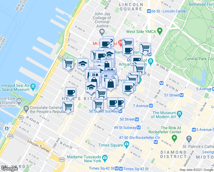 map of restaurants, bars, coffee shops, grocery stores, and more near 440 West 53rd Street in New York