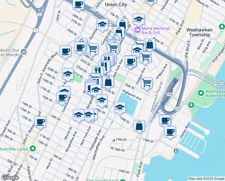 map of restaurants, bars, coffee shops, grocery stores, and more near 2201 Palisade Avenue in Union City
