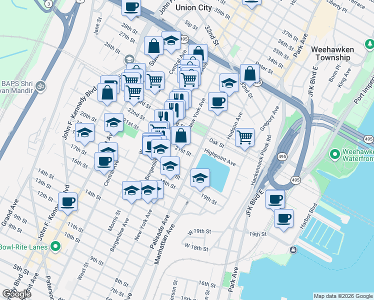 map of restaurants, bars, coffee shops, grocery stores, and more near 2105 New York Avenue in Union City