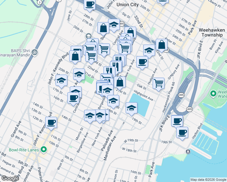 map of restaurants, bars, coffee shops, grocery stores, and more near 2105 New York Avenue in Union City