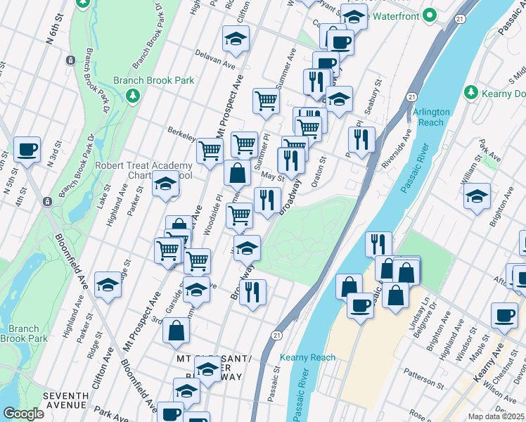 map of restaurants, bars, coffee shops, grocery stores, and more near 1 Lincoln Avenue in Newark