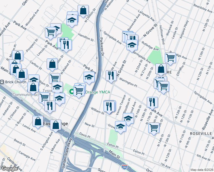 map of restaurants, bars, coffee shops, grocery stores, and more near 233 North Maple Avenue in East Orange