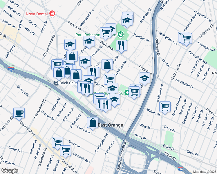 map of restaurants, bars, coffee shops, grocery stores, and more near in East Orange