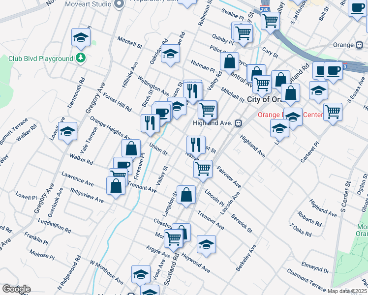 map of restaurants, bars, coffee shops, grocery stores, and more near 474 Valley Street in City of Orange