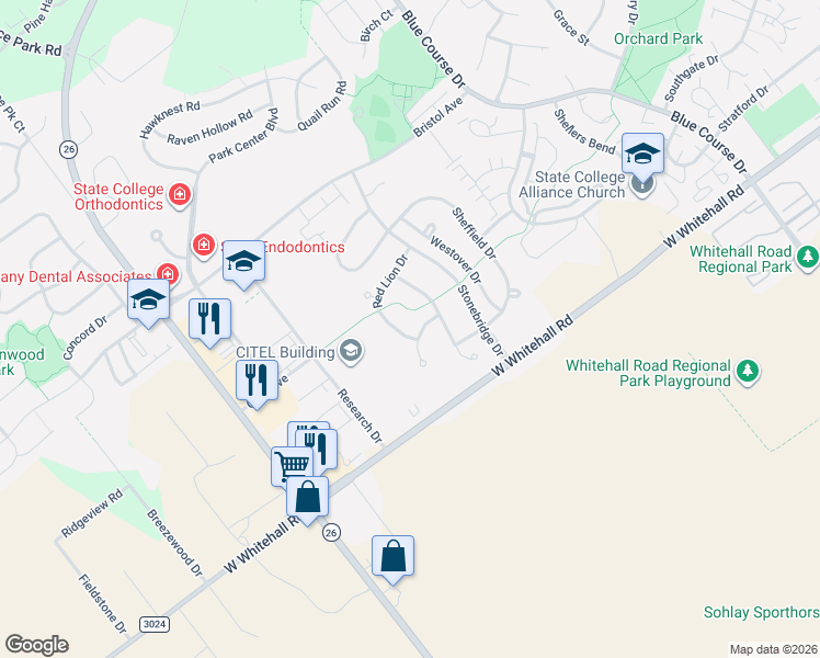 map of restaurants, bars, coffee shops, grocery stores, and more near 1801-1813 Kings Ct in State College