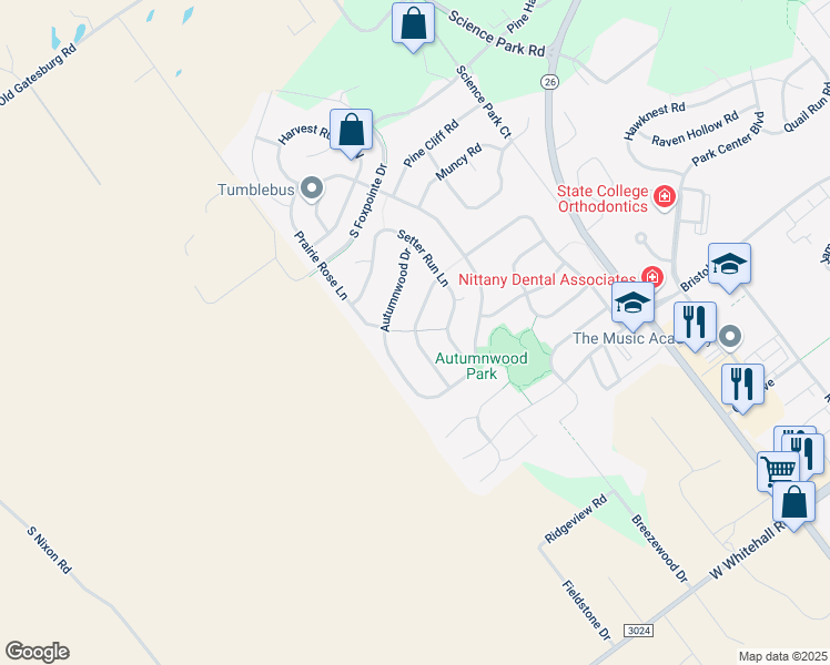 map of restaurants, bars, coffee shops, grocery stores, and more near Country Glenn Lane in State College