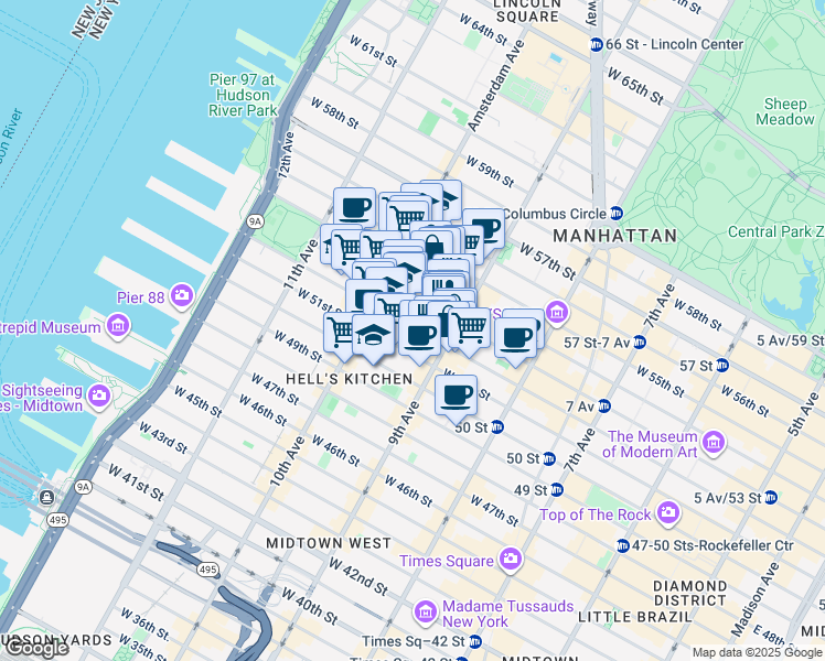 map of restaurants, bars, coffee shops, grocery stores, and more near 432 West 52nd Street in New York