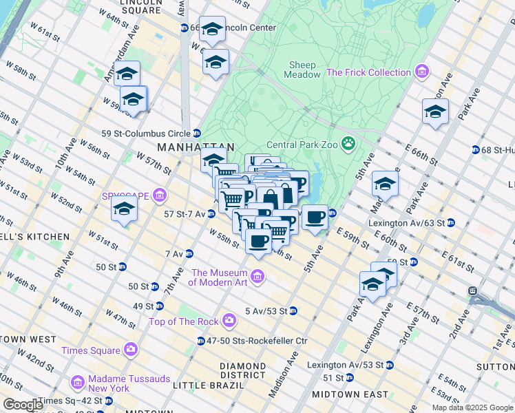 map of restaurants, bars, coffee shops, grocery stores, and more near 116 West 58th Street in New York