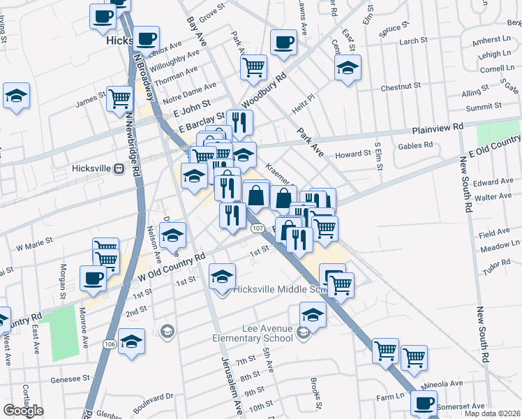 map of restaurants, bars, coffee shops, grocery stores, and more near 25 East Carl Street in Hicksville
