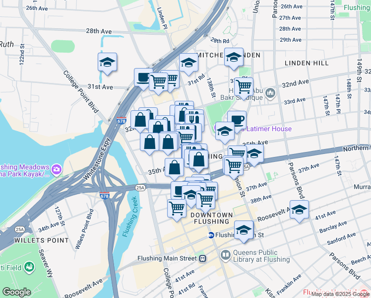 map of restaurants, bars, coffee shops, grocery stores, and more near 33-37 Prince Street in Queens
