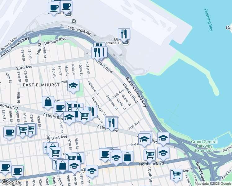 map of restaurants, bars, coffee shops, grocery stores, and more near 25-27 Curtis Street in Queens