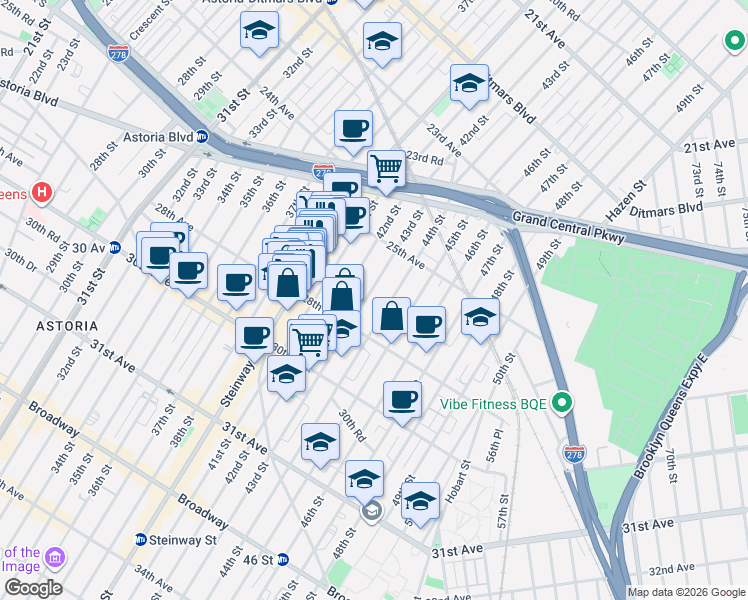 map of restaurants, bars, coffee shops, grocery stores, and more near 25-63 42nd Street in Queens