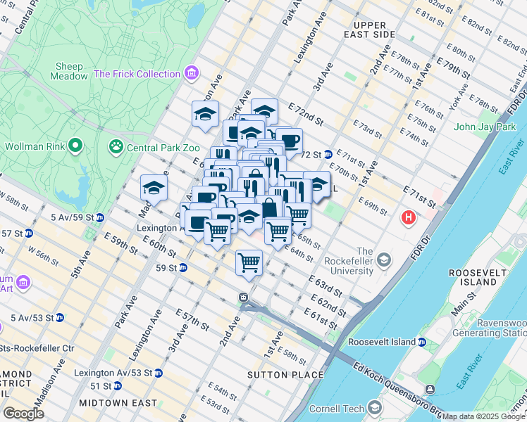 map of restaurants, bars, coffee shops, grocery stores, and more near 201 East 65th Street in New York
