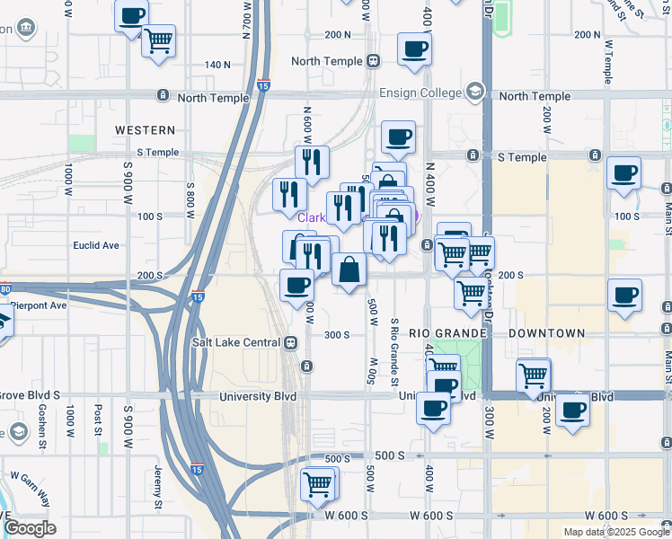 map of restaurants, bars, coffee shops, grocery stores, and more near 550 West 200 South in Salt Lake City
