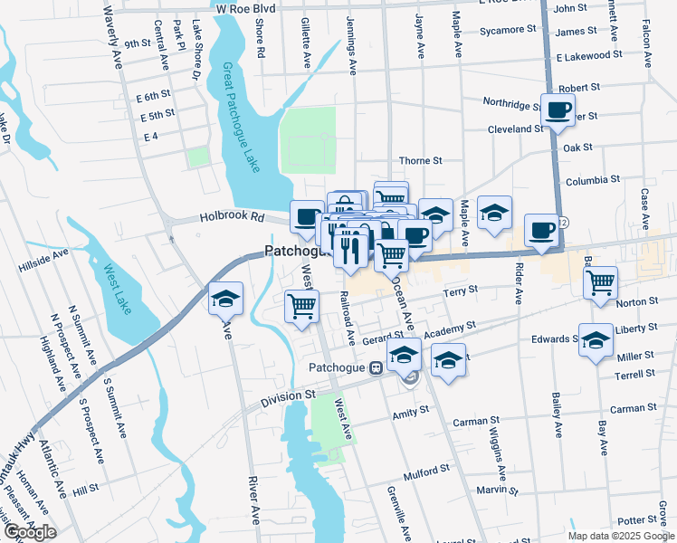 map of restaurants, bars, coffee shops, grocery stores, and more near 76 West Main Street in Patchogue