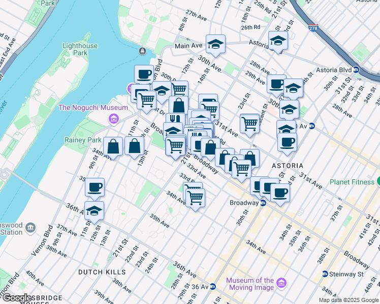 map of restaurants, bars, coffee shops, grocery stores, and more near Broadway & 21st St in Queens