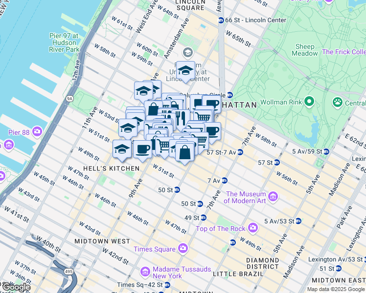 map of restaurants, bars, coffee shops, grocery stores, and more near 354 West 54th Street in New York