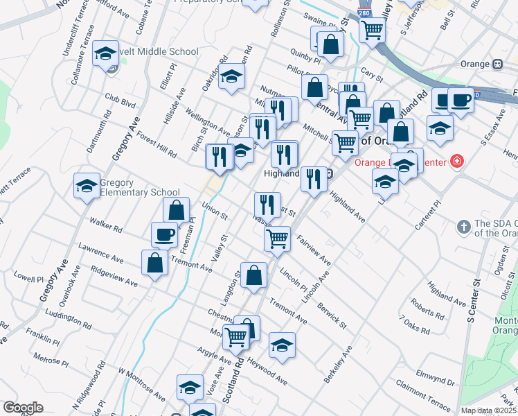 map of restaurants, bars, coffee shops, grocery stores, and more near 472 Flagg Street in City of Orange