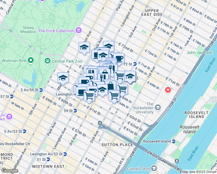 map of restaurants, bars, coffee shops, grocery stores, and more near 208 East 65th Street in New York