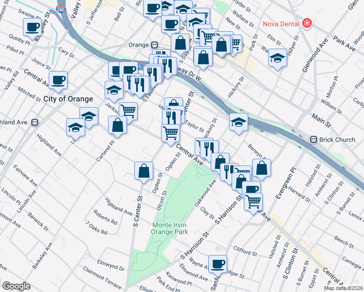 map of restaurants, bars, coffee shops, grocery stores, and more near 191 Central Avenue in City of Orange