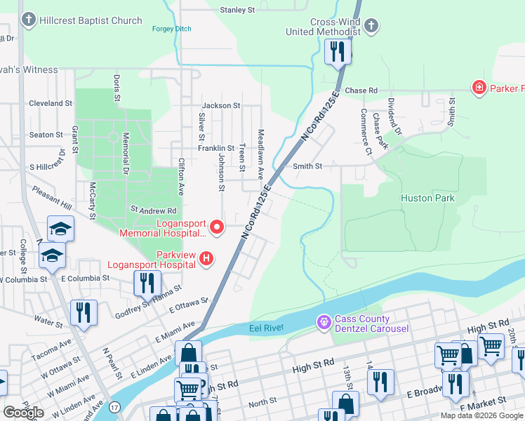 map of restaurants, bars, coffee shops, grocery stores, and more near 1401-1499 N County Road 125 E in Logansport