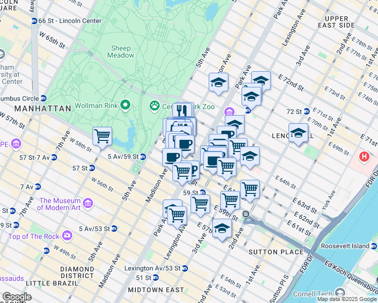 map of restaurants, bars, coffee shops, grocery stores, and more near in New York