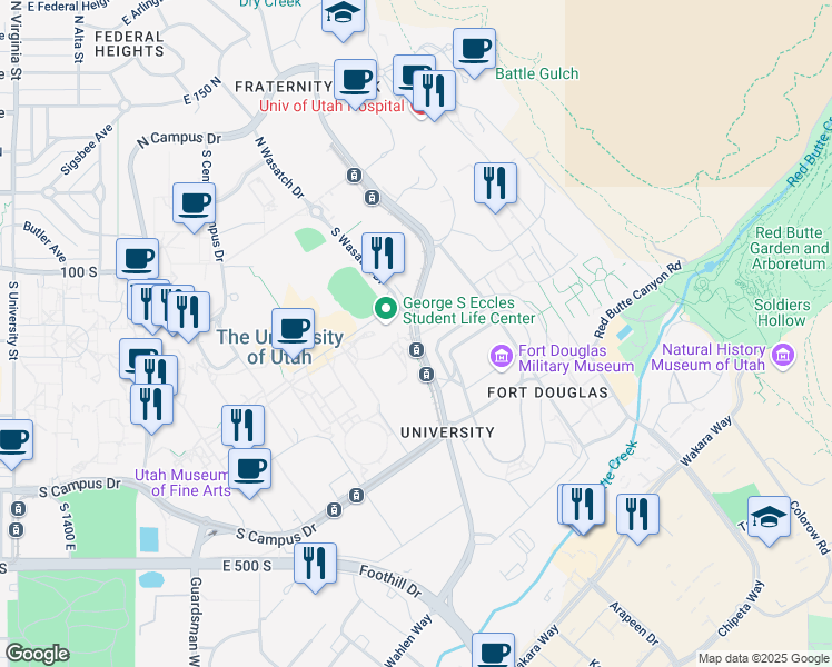 map of restaurants, bars, coffee shops, grocery stores, and more near Mario Capecchi Drive in Salt Lake City