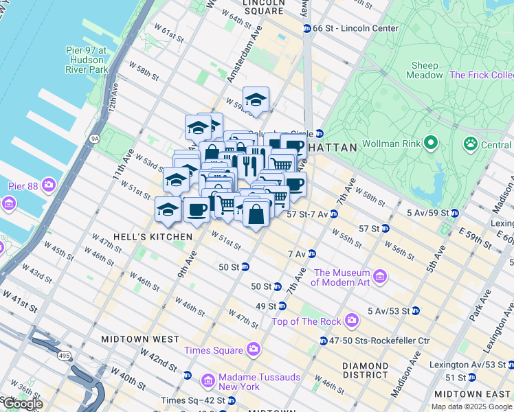 map of restaurants, bars, coffee shops, grocery stores, and more near West 54th Street in New York