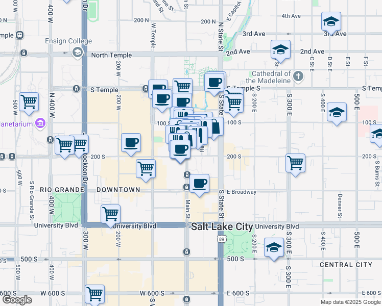map of restaurants, bars, coffee shops, grocery stores, and more near 176 South Main Street in Salt Lake City