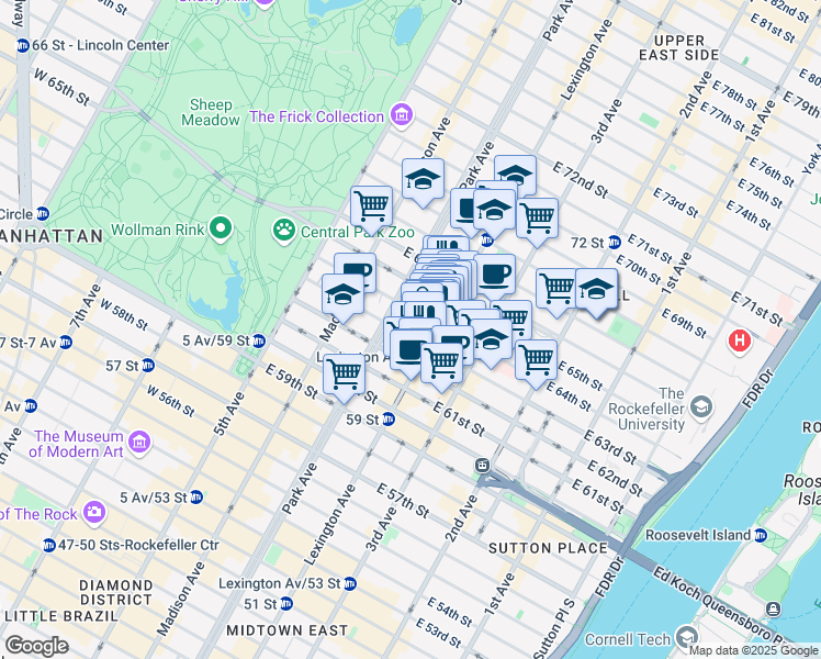 map of restaurants, bars, coffee shops, grocery stores, and more near 109 East 63rd Street in New York