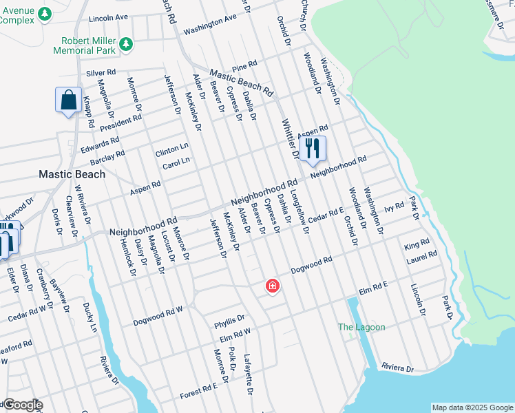 map of restaurants, bars, coffee shops, grocery stores, and more near 146 Cypress Drive in Mastic Beach
