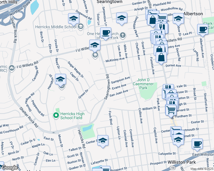 map of restaurants, bars, coffee shops, grocery stores, and more near 110 Searingtown Road in Albertson
