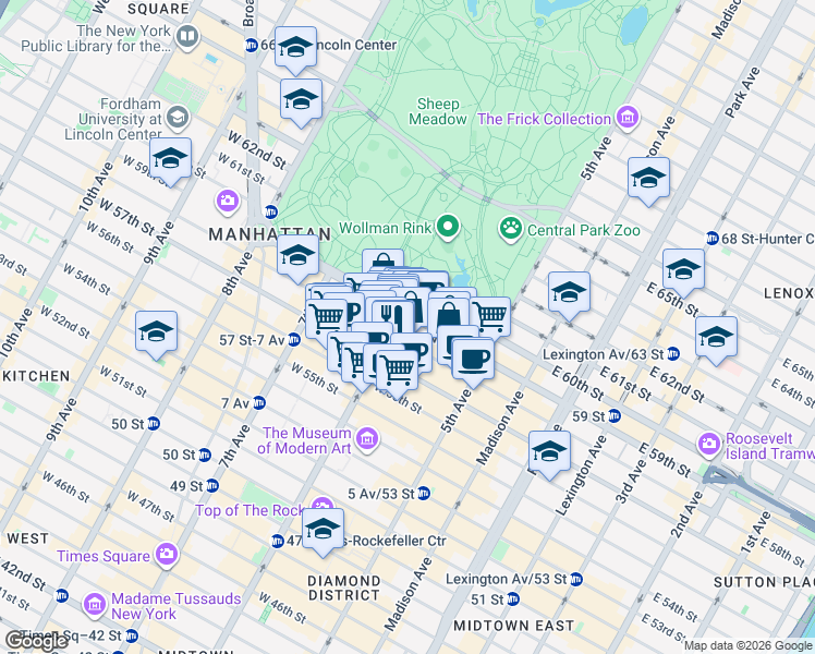 map of restaurants, bars, coffee shops, grocery stores, and more near 78 Central Park South in New York