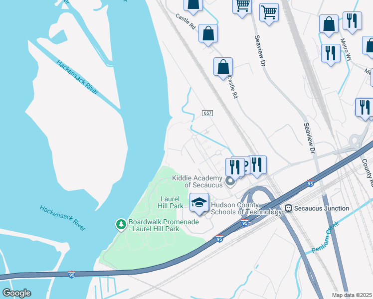 map of restaurants, bars, coffee shops, grocery stores, and more near 8000 Riverside Station Boulevard in Secaucus