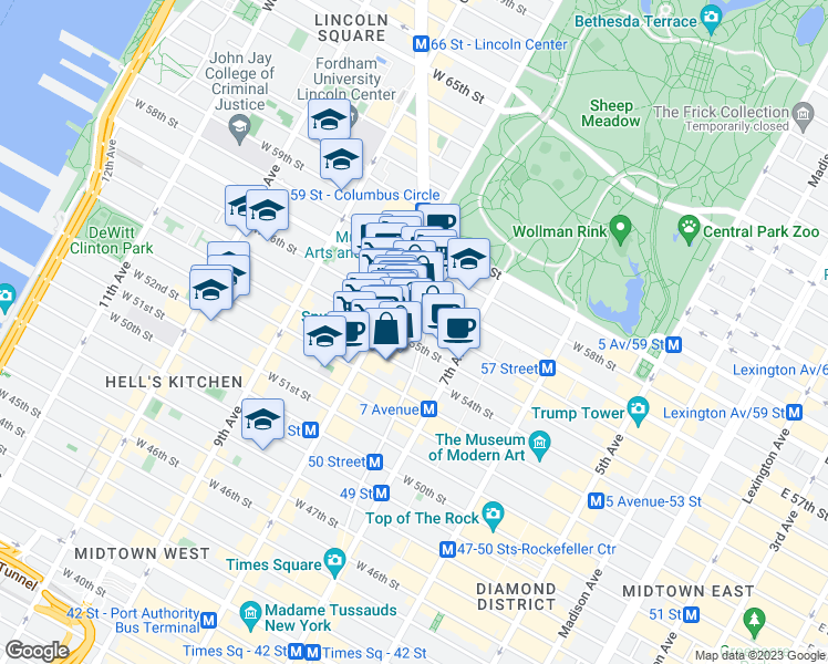 map of restaurants, bars, coffee shops, grocery stores, and more near 230 West 56th Street in New York